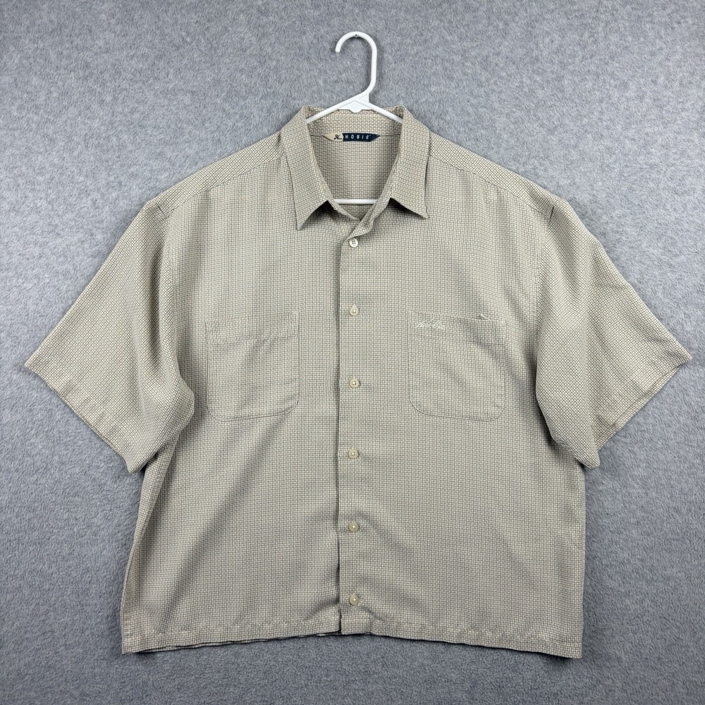 Hobie Shirt Mens Large Beige Knit Rayon Cropped Fit‎ Boxy Button Up Surfer Y2K